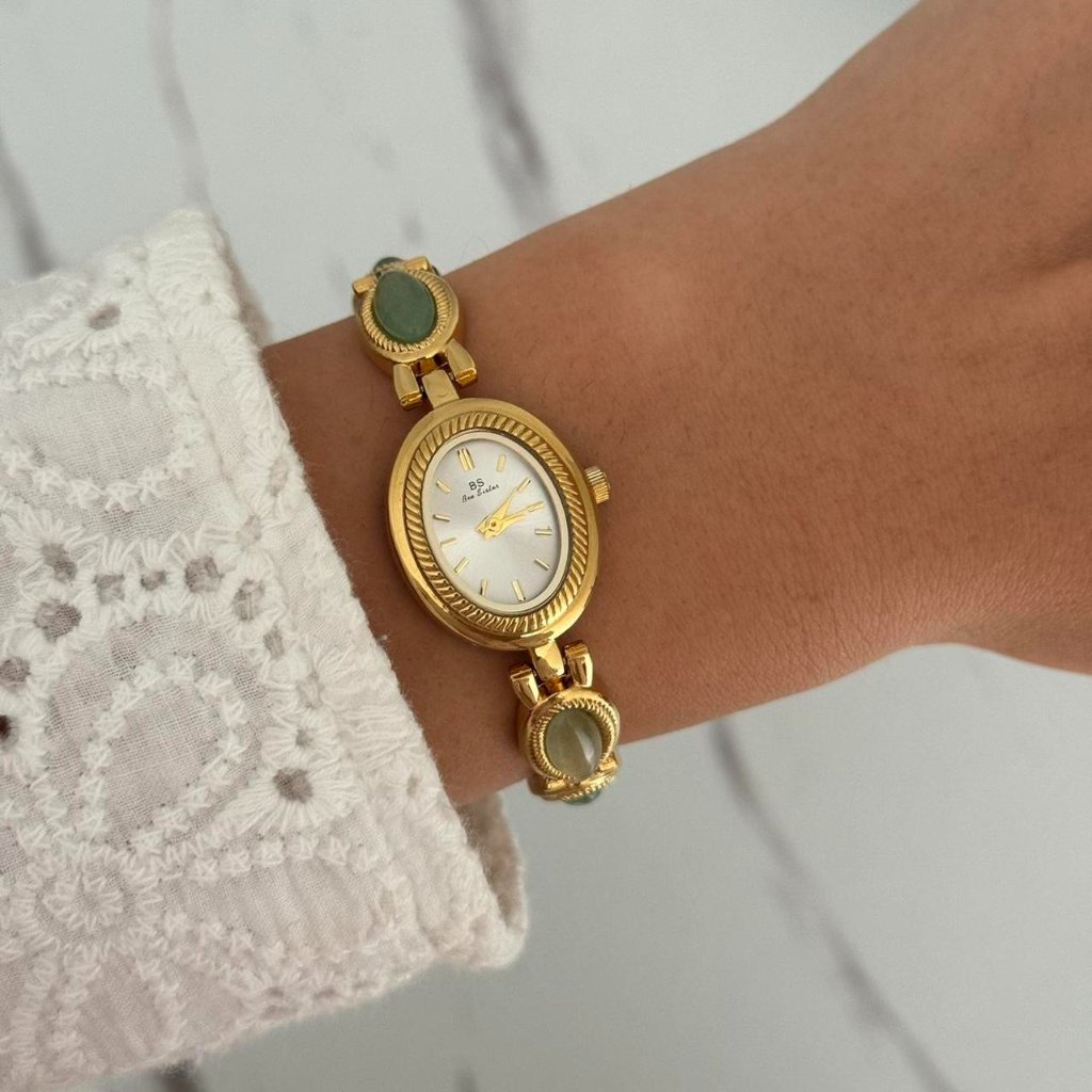 Sku0283 Cute Gold Watch Bracelet With Green Natural Stone Inserts  Gift Bag